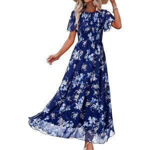 Women's Floral Blue 2 Chiffon Flowy Flutter Short Sleeve Crew Neck Summer Maxi